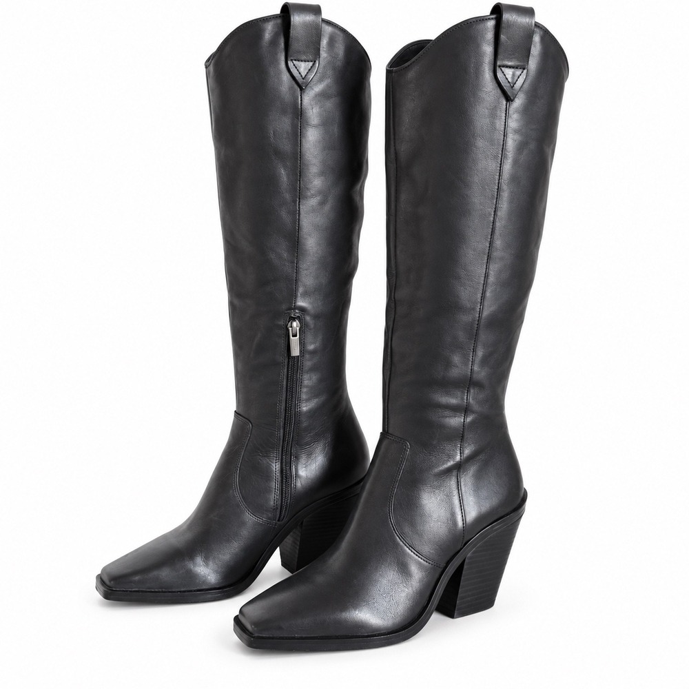 Vince Camuto Afelia Knee High Boots Women 8.5 Black Leather Western Square Toe